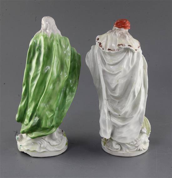 A matched pair of Derby figures of St. Philip and probably St James the Great, c.1758-60, h. 24.5cm and 25cm, restoration to St. Philip
